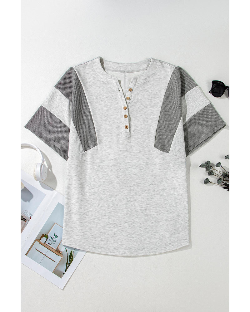 Light Grey Two Tone Contrast Waffle Knit Patched Buttoned V Neck Top - M