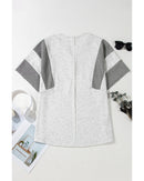 Light Grey Two Tone Contrast Waffle Knit Patched Buttoned V Neck Top - M