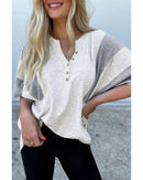 Light Grey Two Tone Contrast Waffle Knit Patched Buttoned V Neck Top - S
