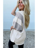 Light Grey Two Tone Contrast Waffle Knit Patched Buttoned V Neck Top - S