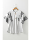 Light Grey Two Tone Contrast Waffle Knit Patched Buttoned V Neck Top - S