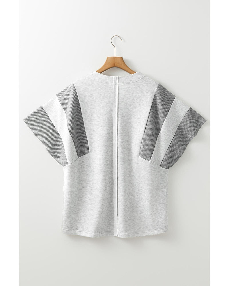 Light Grey Two Tone Contrast Waffle Knit Patched Buttoned V Neck Top - S