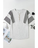 Light Grey Two Tone Contrast Waffle Knit Patched Buttoned V Neck Top - S