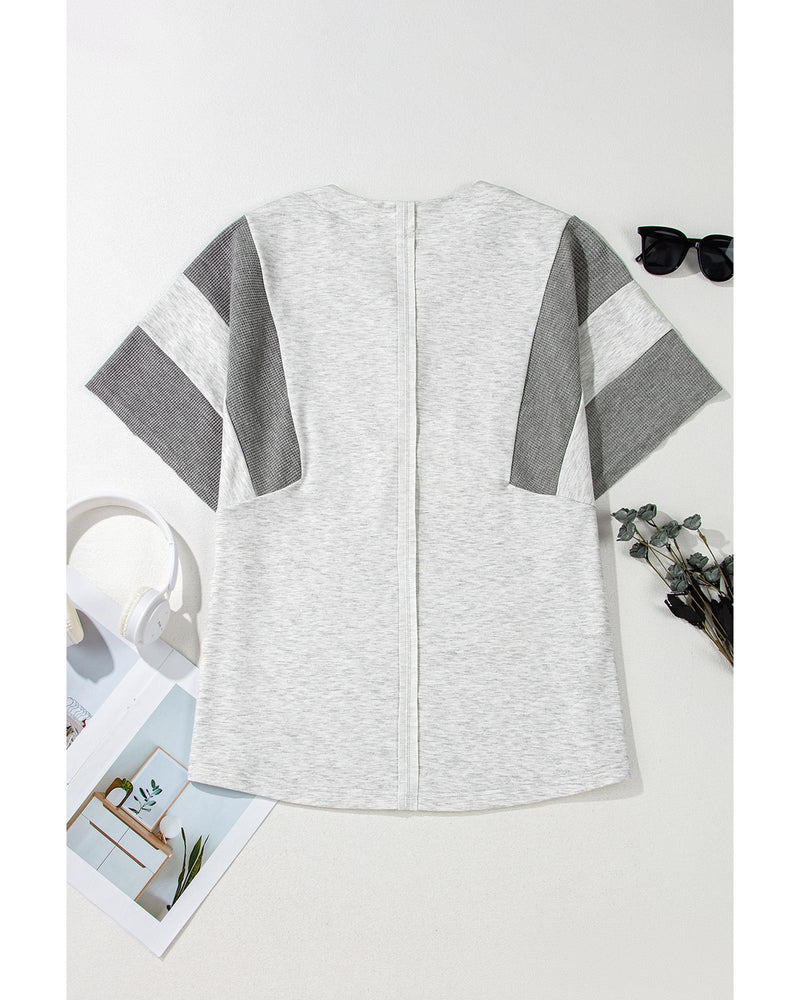 Light Grey Two Tone Contrast Waffle Knit Patched Buttoned V Neck Top - S