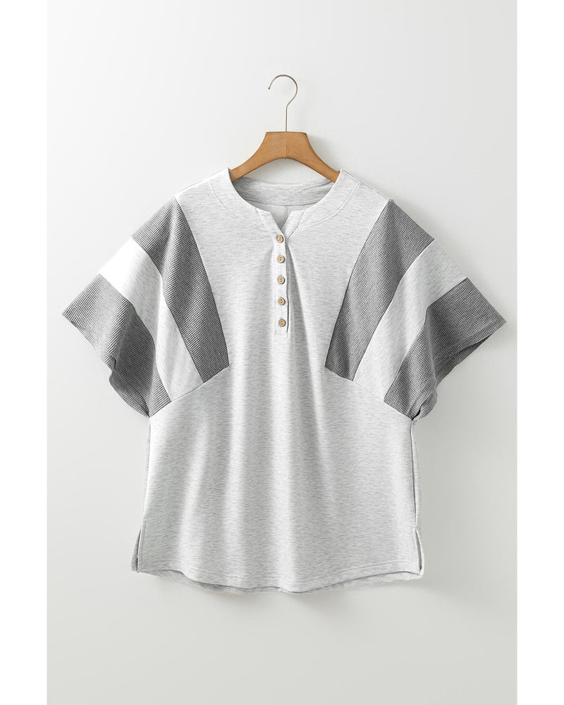 Light Grey Two Tone Contrast Waffle Knit Patched Buttoned V Neck Top - XL