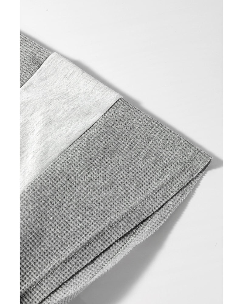 Light Grey Two Tone Contrast Waffle Knit Patched Buttoned V Neck Top - XL