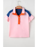 Gossamer Pink Color Block Half Buttoned Ruffled Short Sleeve T Shirt - L
