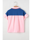 Gossamer Pink Color Block Half Buttoned Ruffled Short Sleeve T Shirt - L