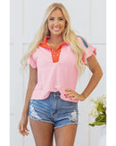 Gossamer Pink Color Block Half Buttoned Ruffled Short Sleeve T Shirt - M