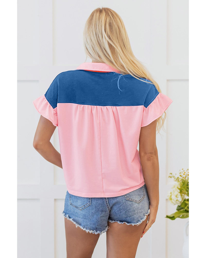 Gossamer Pink Color Block Half Buttoned Ruffled Short Sleeve T Shirt - S