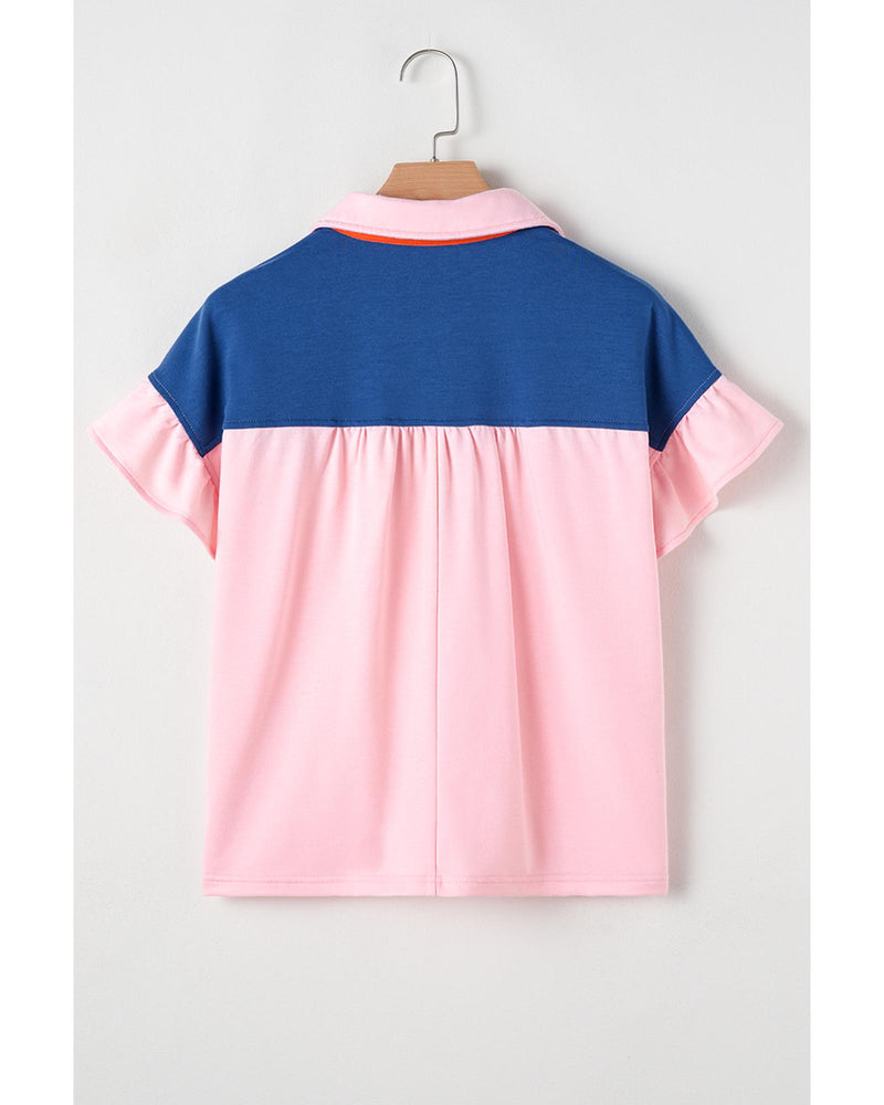 Gossamer Pink Color Block Half Buttoned Ruffled Short Sleeve T Shirt - S
