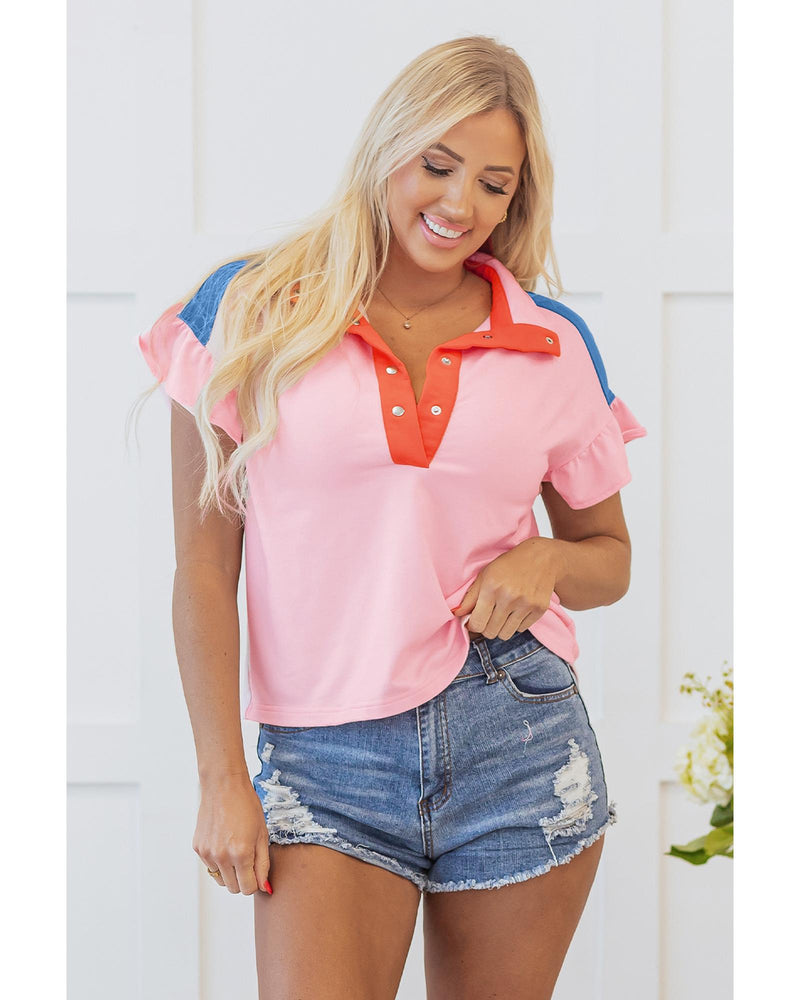 Gossamer Pink Color Block Half Buttoned Ruffled Short Sleeve T Shirt - XL