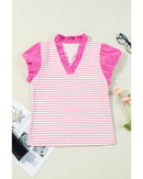 Pink Stripe Ruffled V Neck Cap Puff Sleeve Top - L
