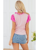 Pink Stripe Ruffled V Neck Cap Puff Sleeve Top - M