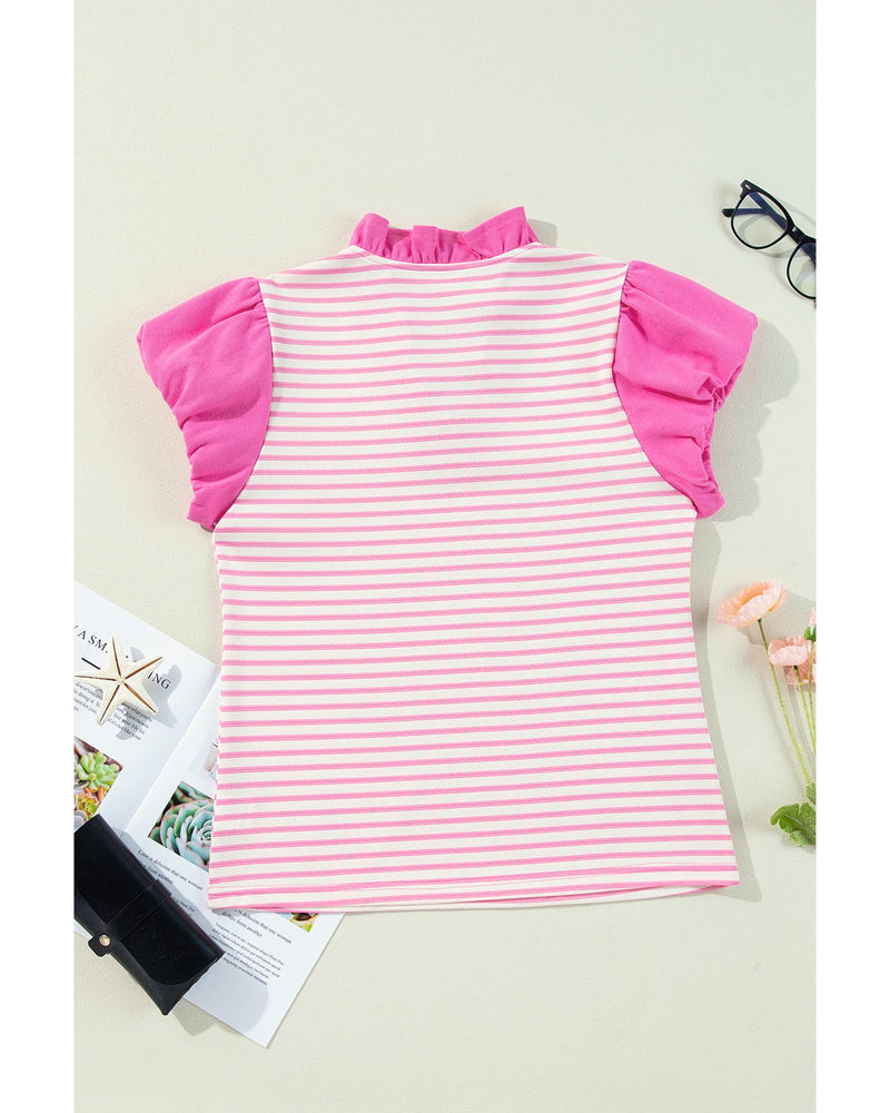 Pink Stripe Ruffled V Neck Cap Puff Sleeve Top - M