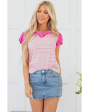 Pink Stripe Ruffled V Neck Cap Puff Sleeve Top - S