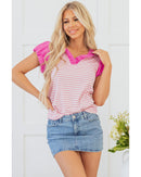 Pink Stripe Ruffled V Neck Cap Puff Sleeve Top - XL