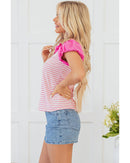 Pink Stripe Ruffled V Neck Cap Puff Sleeve Top - XL