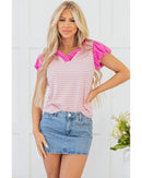 Pink Stripe Ruffled V Neck Cap Puff Sleeve Top - XL