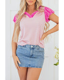 Pink Stripe Ruffled V Neck Cap Puff Sleeve Top - XL