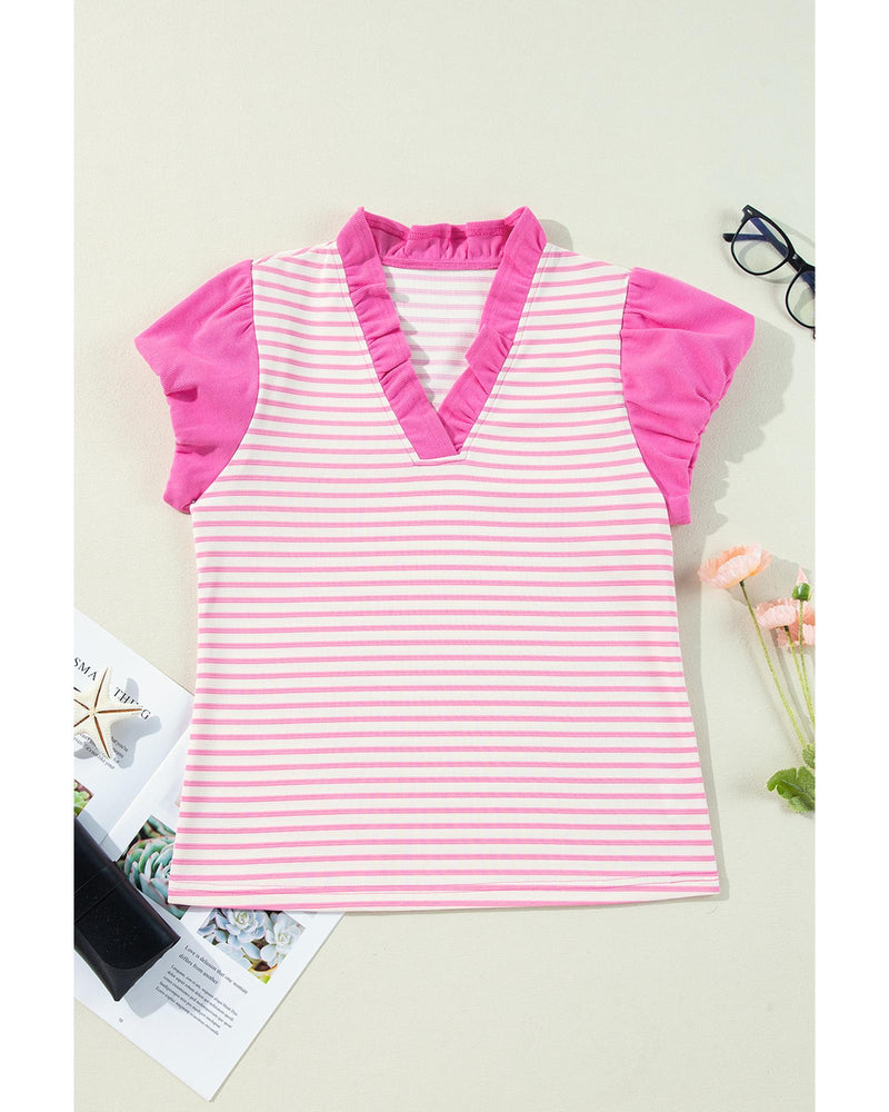 Pink Stripe Ruffled V Neck Cap Puff Sleeve Top - XL