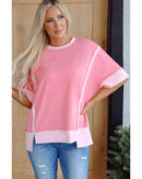 Peach Blossom Half Sleeve Raw Seam High Low Side Split Top - L