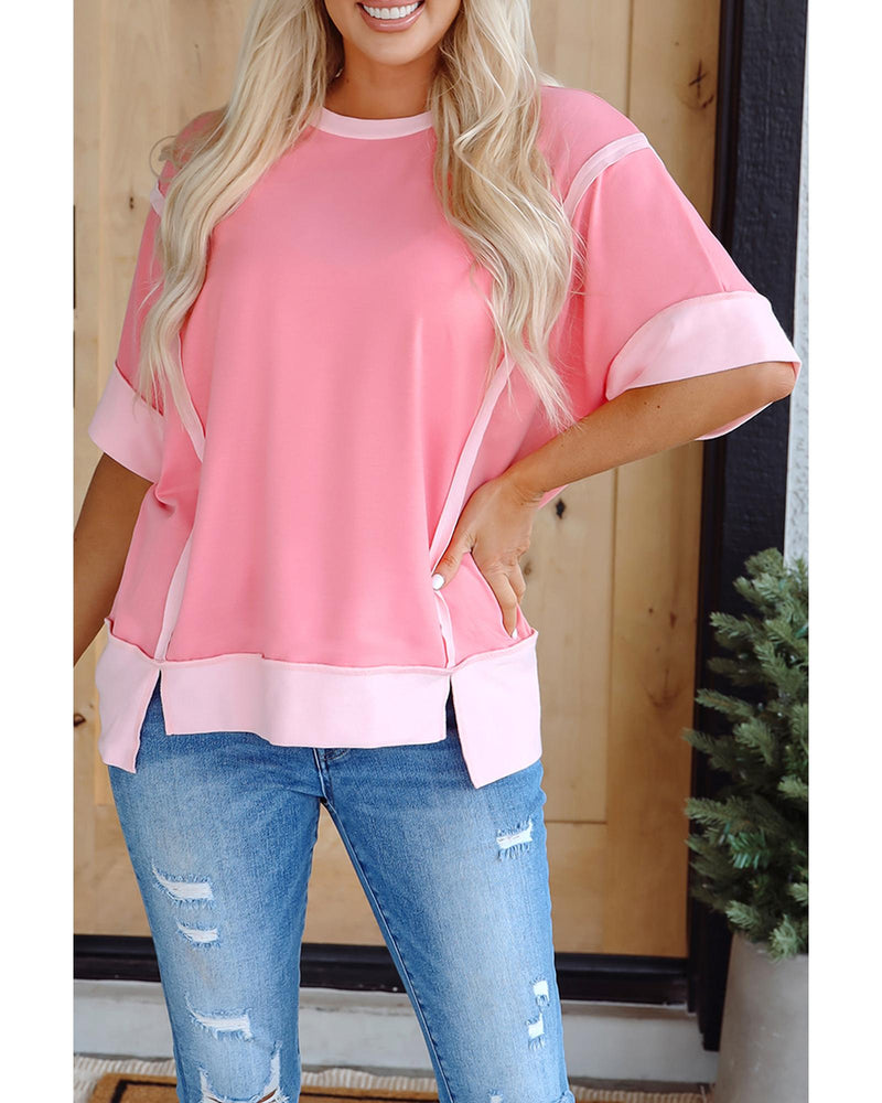 Peach Blossom Half Sleeve Raw Seam High Low Side Split Top - L