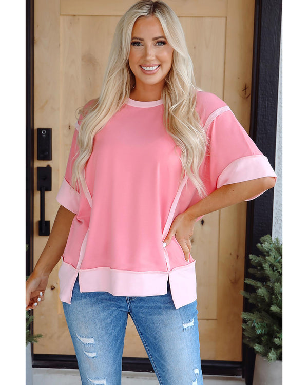 Peach Blossom Half Sleeve Raw Seam High Low Side Split Top - M