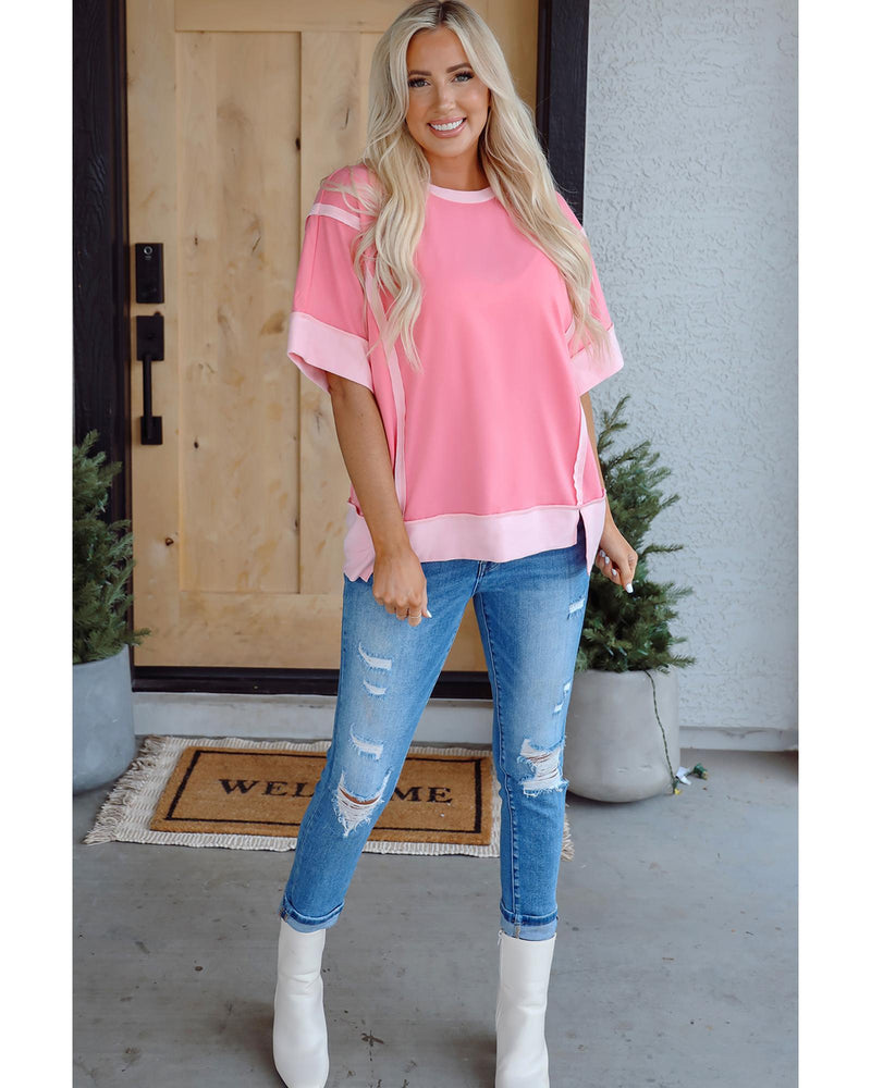 Peach Blossom Half Sleeve Raw Seam High Low Side Split Top - M