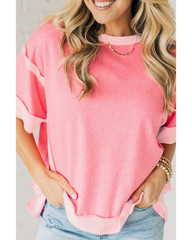 Peach Blossom Half Sleeve Raw Seam High Low Side Split Top - M