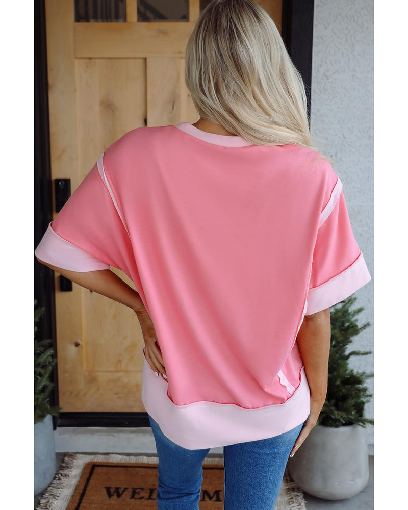 Peach Blossom Half Sleeve Raw Seam High Low Side Split Top - S