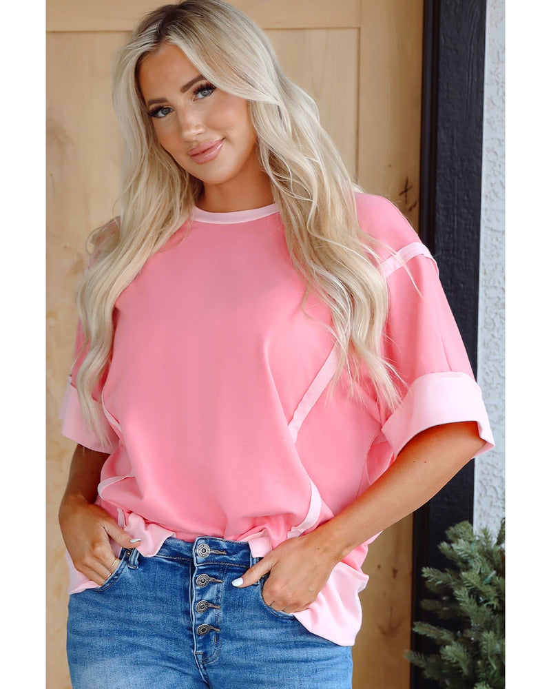 Peach Blossom Half Sleeve Raw Seam High Low Side Split Top - S