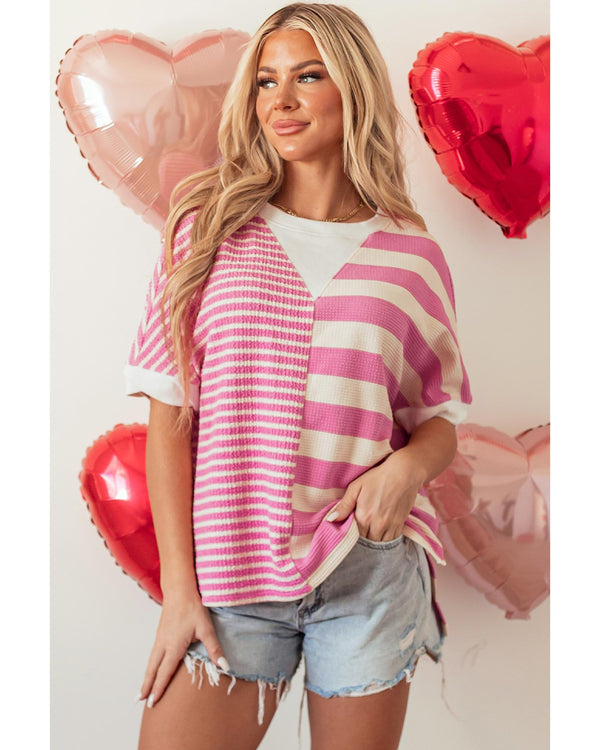 Pink Stripe Patchwork Textured Short Sleeve High Low Loose Top - L