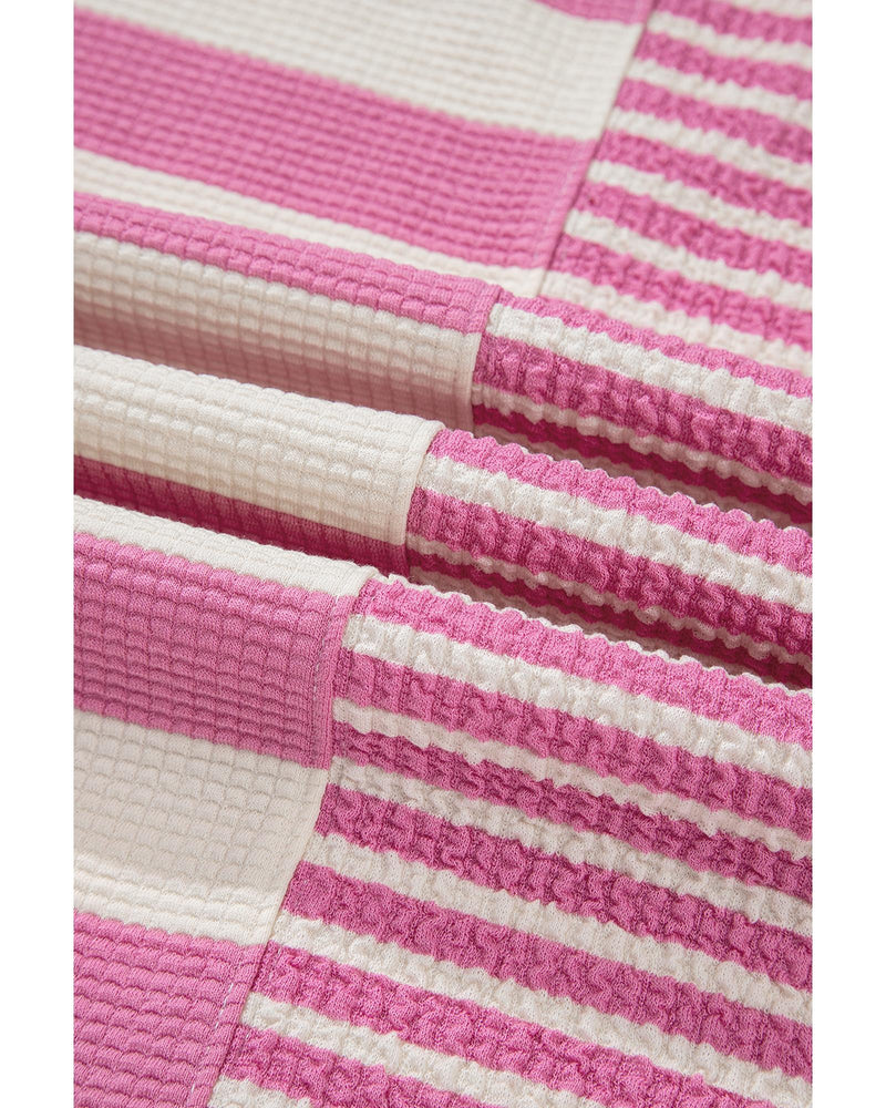 Pink Stripe Patchwork Textured Short Sleeve High Low Loose Top - M