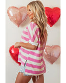 Pink Stripe Patchwork Textured Short Sleeve High Low Loose Top - M
