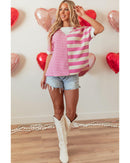 Pink Stripe Patchwork Textured Short Sleeve High Low Loose Top - M