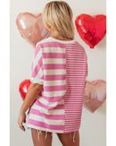 Pink Stripe Patchwork Textured Short Sleeve High Low Loose Top - M