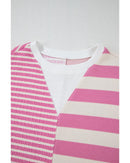 Pink Stripe Patchwork Textured Short Sleeve High Low Loose Top - M