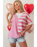 Pink Stripe Patchwork Textured Short Sleeve High Low Loose Top - M