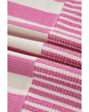 Pink Stripe Patchwork Textured Short Sleeve High Low Loose Top - S
