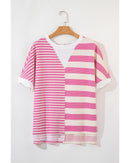 Pink Stripe Patchwork Textured Short Sleeve High Low Loose Top - S