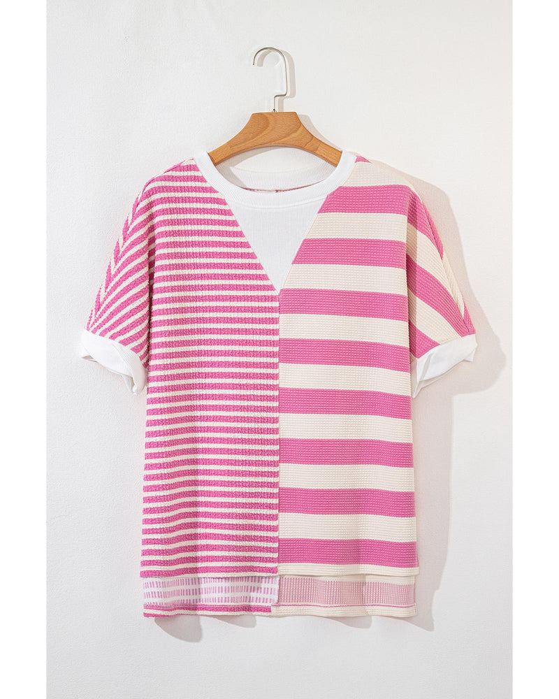 Pink Stripe Patchwork Textured Short Sleeve High Low Loose Top - S
