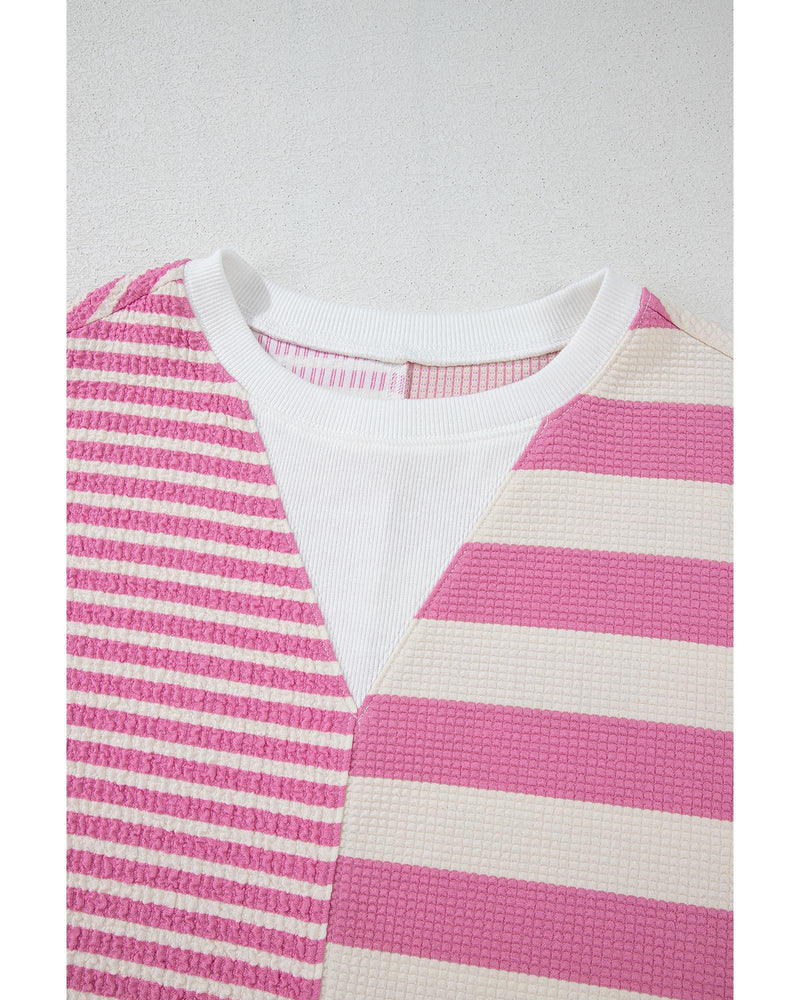 Pink Stripe Patchwork Textured Short Sleeve High Low Loose Top - S