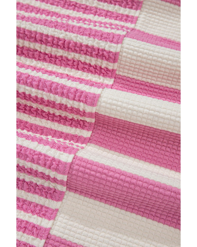 Pink Stripe Patchwork Textured Short Sleeve High Low Loose Top - S