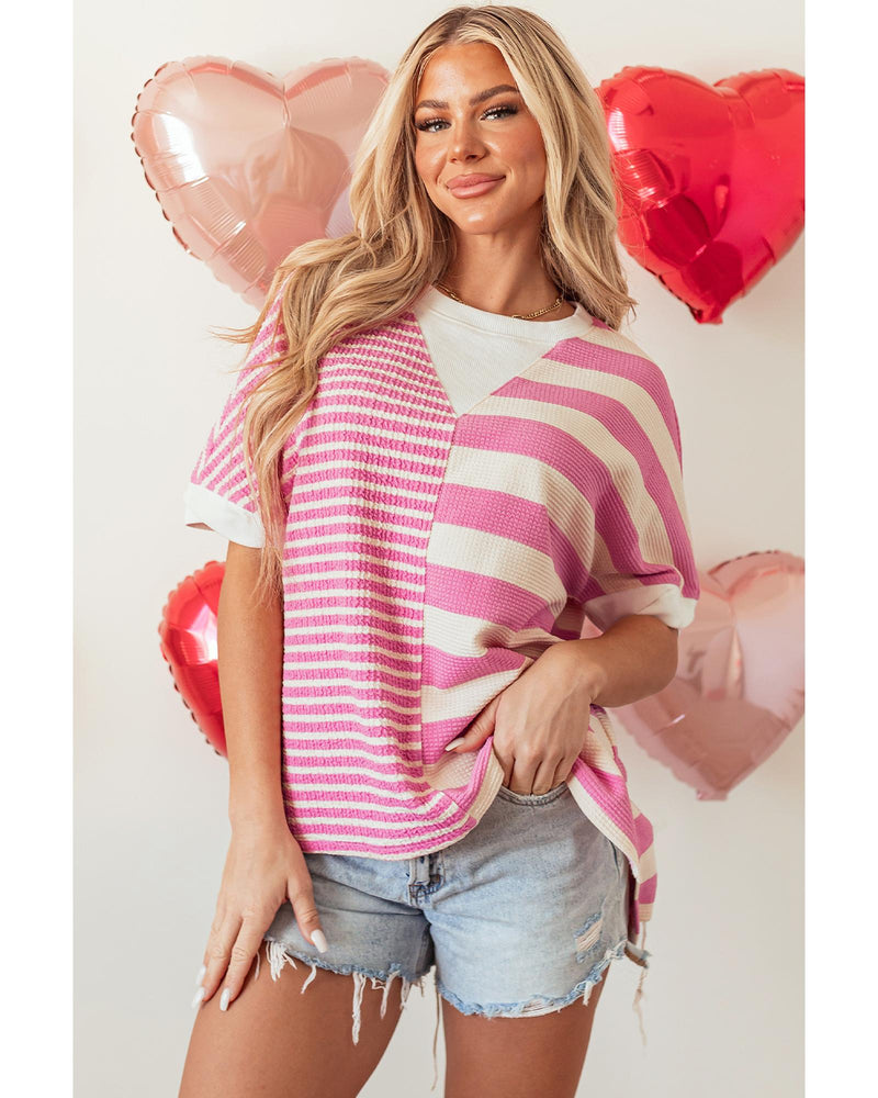 Pink Stripe Patchwork Textured Short Sleeve High Low Loose Top - S