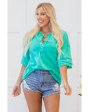 Mint Green Solid Color Half Sleeve Buttons Henley Top - L