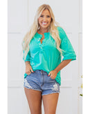 Mint Green Solid Color Half Sleeve Buttons Henley Top - L