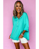 Mint Green Solid Color Half Sleeve Buttons Henley Top - L