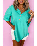 Mint Green Solid Color Half Sleeve Buttons Henley Top - M