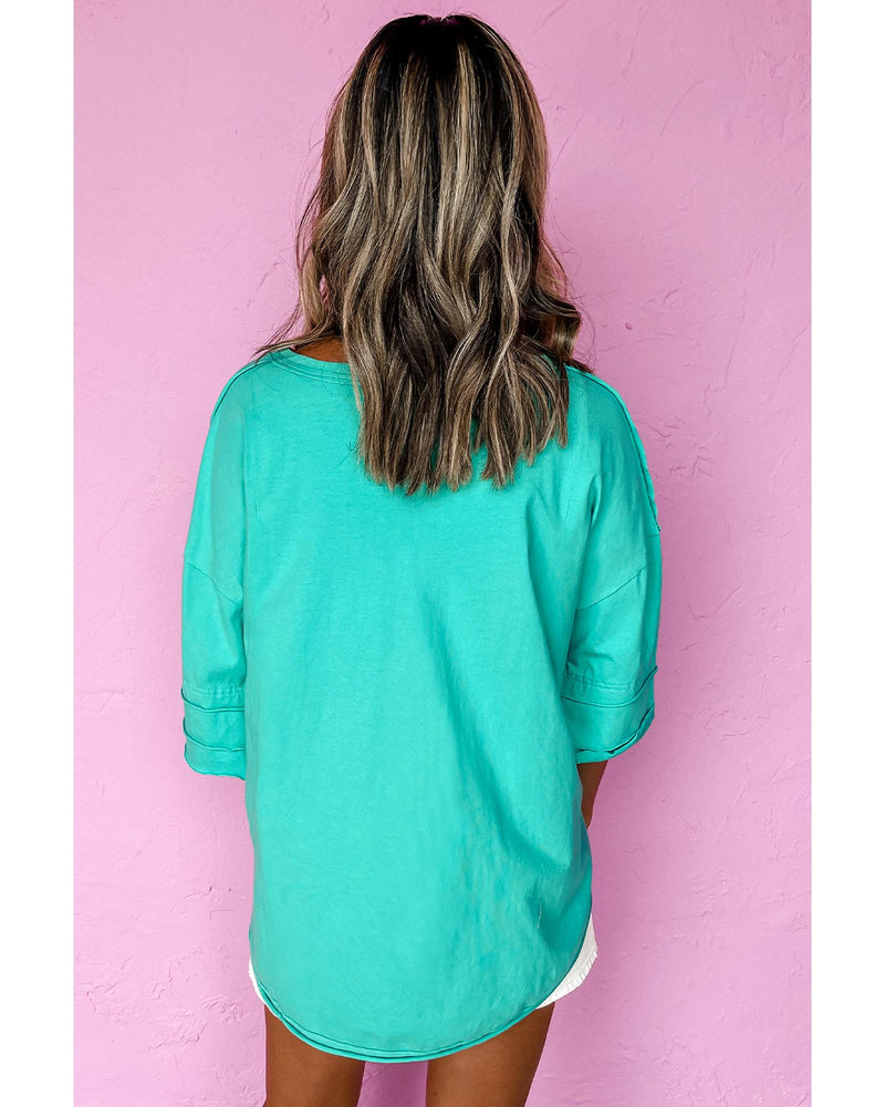 Mint Green Solid Color Half Sleeve Buttons Henley Top - M